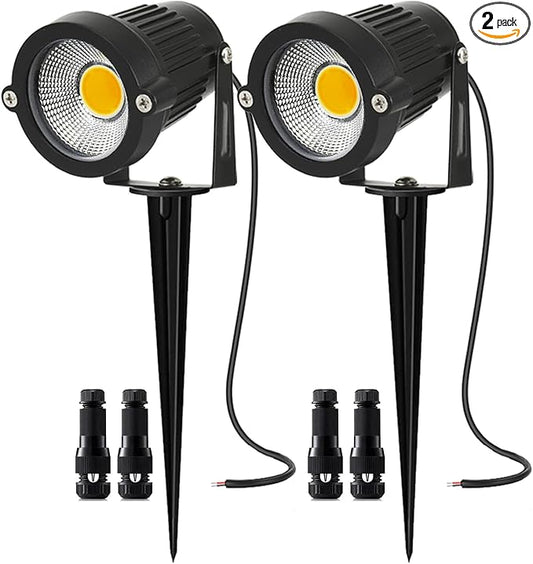2Pack Low Voltage Landscape Lights LED 5W Landscape Lighting with connectors AC/DC 12V-24V Outdoor Spotlight IP66 Waterproof Tree Flag Lights Warm White Spotlights for Yard Garden Pathway