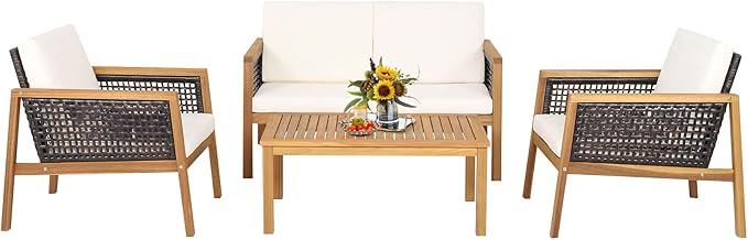 HAPPYGRILL 4 Pieces Patio Conversation Set Acacia Wood Furniture Set with Coffee Table, PE Rattan Wicker Sofa Set with Soft Cushions for Outdoor Garden Deck Poolside