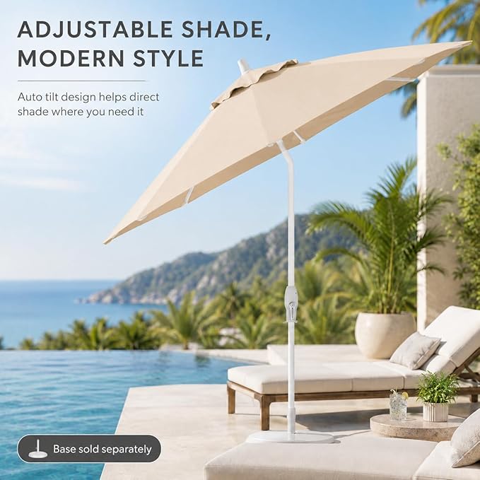 Treasure Garden 9ft Patio Umbrella - Outdoor Furniture Market Umbrella – Deluxe Auto-Tilt – White Aluminum Frame (Sunbrella, Natural)