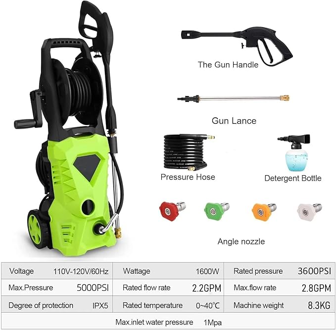 5000PSI Electric Pressure Washer 2026 2.8GPM High Power Washer with 4 Pressure Nozzle and Soap Bottle for Home, Car Washing, Fence Cleaning, Patio (Green)