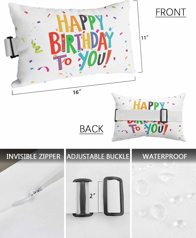 Outdoor Pillows Covers with Inserts Happy Birthday Colorful Text Ribbon Party Waterproof Recliner Pillow with Adjustable Strap Throw Pillows for Patio Furniture Pool Lounge Chair, 11x16 inch, 1PCS