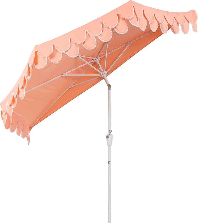 JONATHAN Y Terrace Scalloped 9 ft. Half Round Patio Umbrella with Crank Lift and Tilt, Coastal Semicircle Market Wall Umbrella for Balcony, Coral Pink/White, White Pole UMB1202H