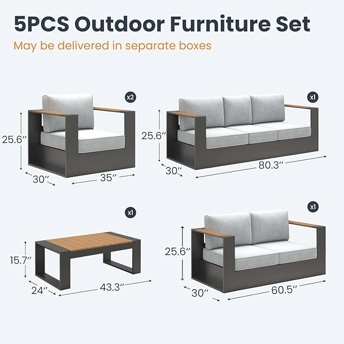 Aluminum Patio Furniture Set, 7 Seats Luxury Seating Furniture with Coffee Table, All Weather Outdoor Conversation Sets with 6" Thickened Cushions