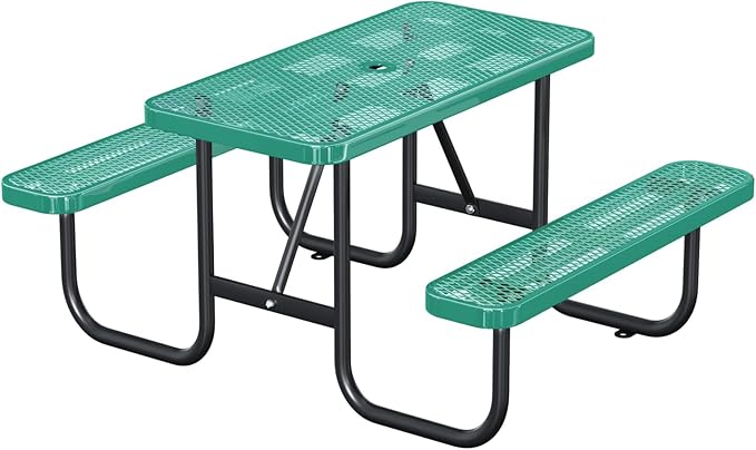 4FT/48IN Heavy Duty Outdoor Picnic Table and 2 Benches for 2-6 People, Weather Resistant Rectangular Steel Picnic Table Set with Umbrella Hole for Yard Patio Lawn Party Green