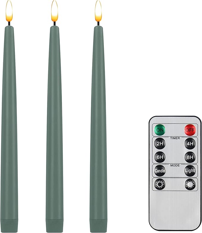 CVHOMEDECO. Flameless Taper Candles with 10-Key Remote, Battery Operated Led Flickering 3D Wick Window Candles Real Wax Finished Home Christmas Party Decor 0.78 x 11 Inch, Pack of 3, Grey Green