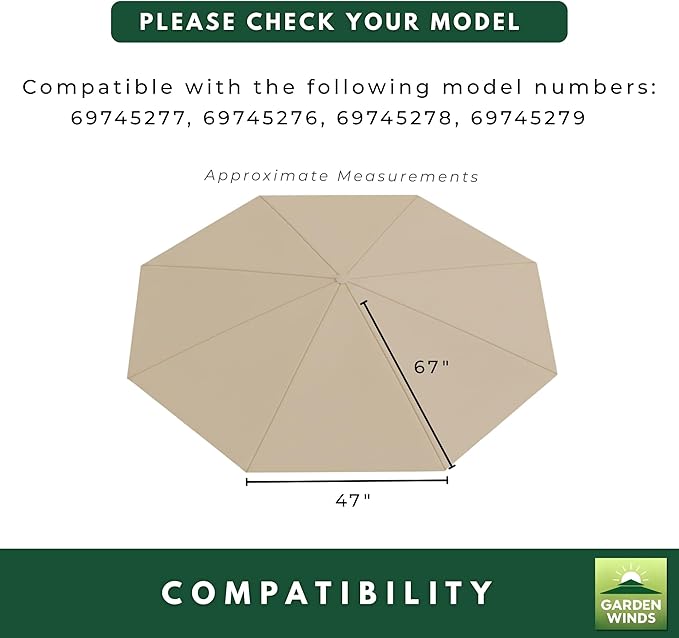 Garden Winds Heavy Duty Reinforced RipLock 500 Replacement Canopy Top Cover Compatible with Everhome 11' Offset Solar Umbrella Models 69745277, 69745276, 69745278, 69745279 - Beige