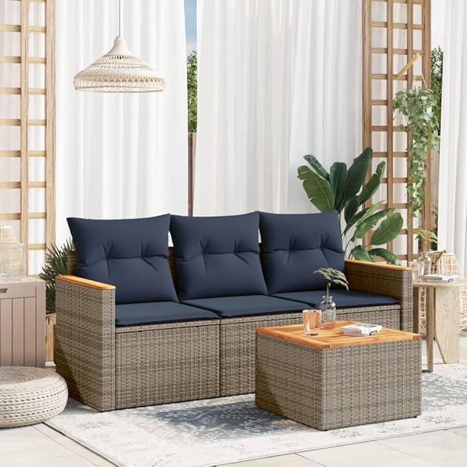 vidaXL Patio Sofa Set with Cushions 4 Piece, Outdoor Conversation Set, Patio Sectional Sofa for Balcony Garden, Modern Style, Gray Poly Rattan
