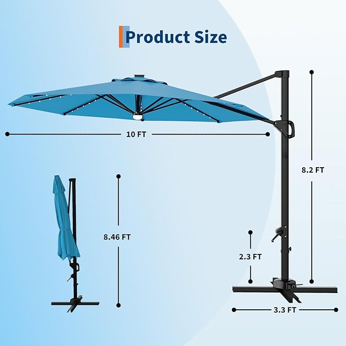 Garvee 10 ft Cantilever Patio Umbrella with Solar Lights, 360°Rotation Offset Umbrella, Easy Crank & Tilt Adjustment, UV Protection for Backyard, Poolside, Deck -Turquoise