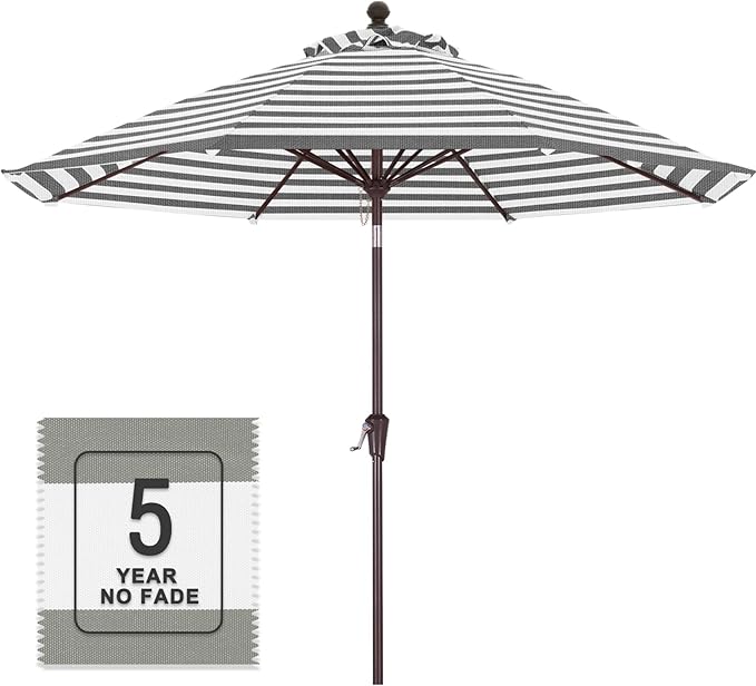 MASTERCANOPY Olefin 5-Year-Non-Fading 9ft Patio Umbrella with Tilt and Crank, Large UV Resistant Outdoor Table Umbrella with 8 Fiberglass Ribs for Deck, Yard & Market, Light Gray & White