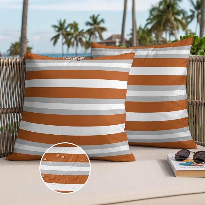 Throw Pillow Covers 20x20 Inch Set of 2, Burnt Orange Grey Stripe Waterproof Outdoor Pillow Covers, Minimalist Farmhouse Striped Decorative Cushion Pillowcases for Couch, Sofa, Bed, Garden, Patio