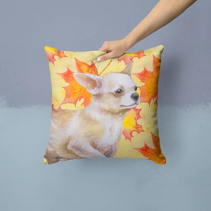 Caroline's Treasures BB9958PW1414 Chihuahua Leg up Fall Fabric Decorative Pillow, Yellow Machine Washable, Indoor Outdoor Decorative Pillow for Couch, Bed or Patio, 14Hx14W