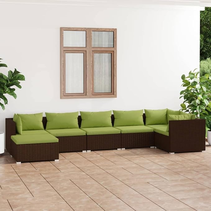 7 Piece Patio Lounge Set with Cushion, Piece Patio Set Outdoor Patio Sectional Patio Lounge Set Furniture Conversation Sets s Poly Rattan Brown