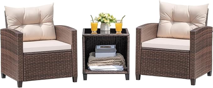 PE Rattan Wicker Patio Sets 3 Pieces Outdoor Patio Furniture Set with Two Chairs and Table for Porch Garden Poolside Balcony