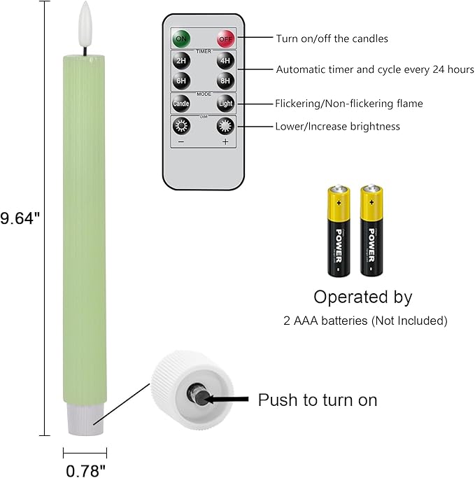 Wondise Flameless Flickering Taper Candles with Remote and Timer, Battery Operated 3D Wick Real Wax LED Taper Candles 6 Packs for Spring Dinner Holiday Decor(0.78 x 9.64 Inches，Green)
