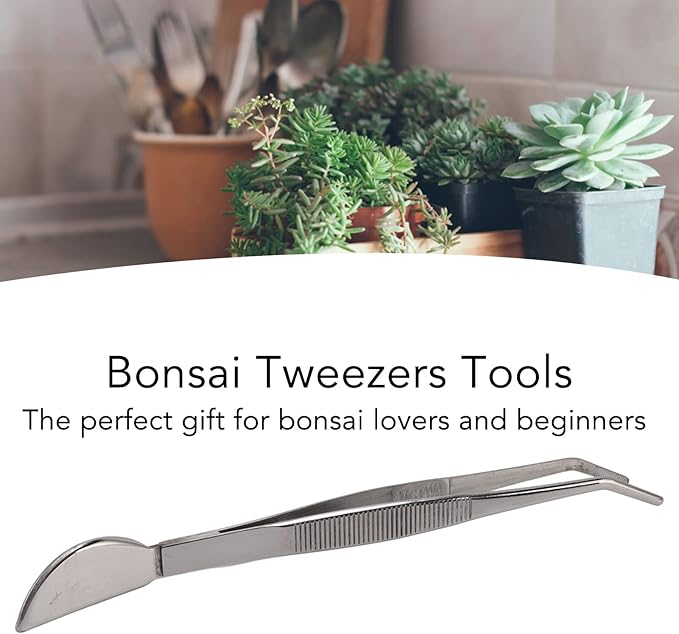 TOPINCN Bonsai Tweezers, Stainless Steel Long Plant Tweezers with Moon Spatula Head, Home Garden Potted Loosening Soil Plan Grass (Bent)