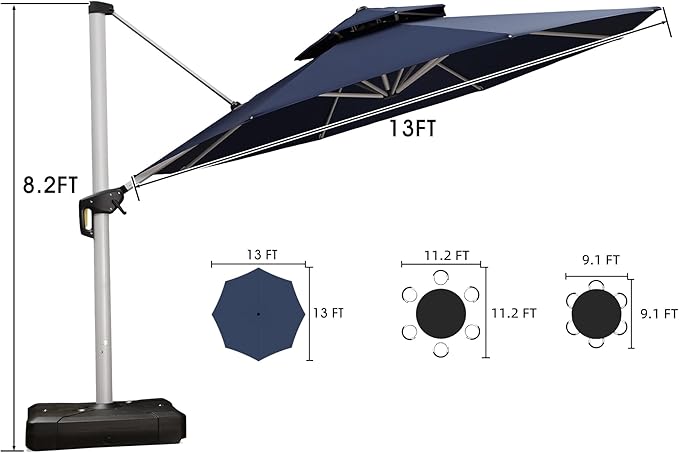 PURPLE LEAF 13 FT Cantilever Patio Umbrellas with Base Included, Large Round Offset Umbrella with 360° Rotation, Outdoor Aluminum Pool Umbrella for Pool Lawn Garden, Navy Blue