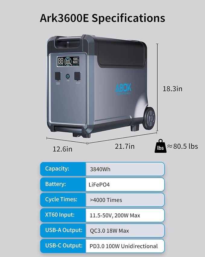 ABOK Ark3600 Portable Power Station Extra Battery with 200W Solar Panel for Ark3600, 3840Wh LiFePO4 Battery, 3600W Solar Generator for Garage, Home, Off-Grid Living, Camping, RV