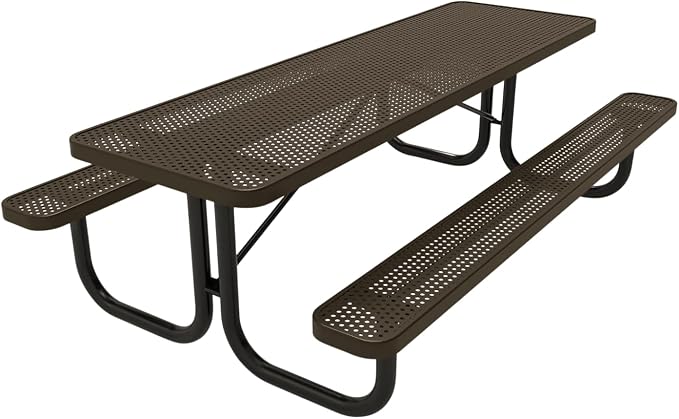 COATEDOUTDOORFURNITURE Heavy-Duty Portable Outdoor Picnic Table, Thermoplastic Coated Punched Steel Commercial-Grade Patio Dining Furniture Made in America (8ft Rectangular, Textured Brown)