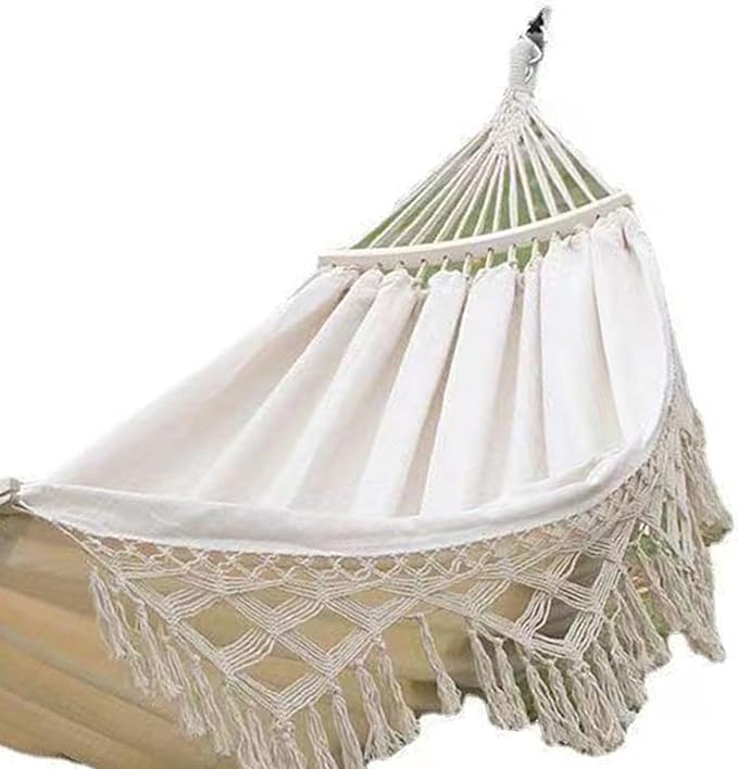 Backyard Hanging Hammock with Tassels, 500lb Load Capacity, Single Double Size 102x59in - Lightweight Foldable Outdoor Cotton - Polyester Blend for Garden, Patio, Camping Relaxat (White)