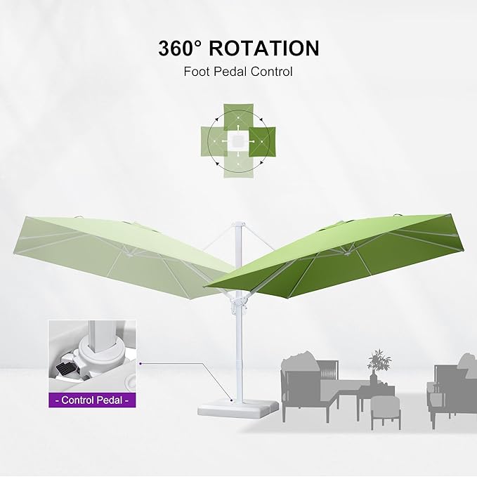 PURPLE LEAF 10 FT Patio Umbrella With Base White Cantilever Umbrella Square Outdoor Offset Umbrella Windproof with 360° Rotation for Garden Deck Pool, Macaw Green