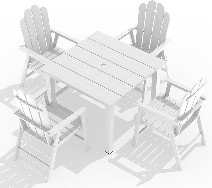 5-Piece Patio Dining Set, Outdoor Dining Set for 4, HDPE All-Weather Outdoor Furniture with 35.43” Umbrella Hole Table, 4 Armchairs, White