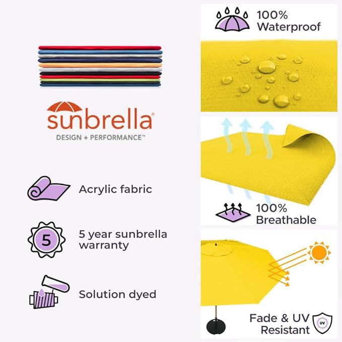 Midtown Umbrellas The LED Swilt 10 Feet Patio Umbrella With Sunbrella Yellow Acrylic Fabric - Auto-Tilt Aluminum Frame With LED Lights For Backyard, Deck, Garden, Pool - Black Pole