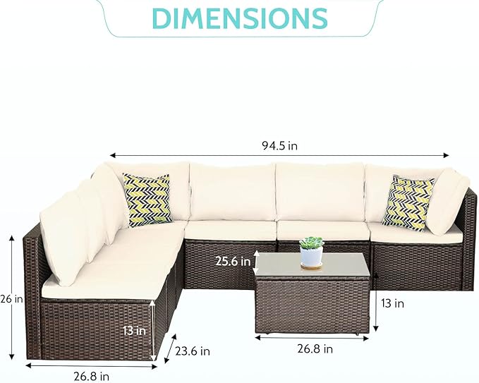 PayLessHere 8 Piece Patio Furniture Set Outdoor Furniture Sectional Sofa Set Rattan Wicker Conversation Set Coffee Table Khaki Cushion for Backyard Porch Balcony Poolside Garden