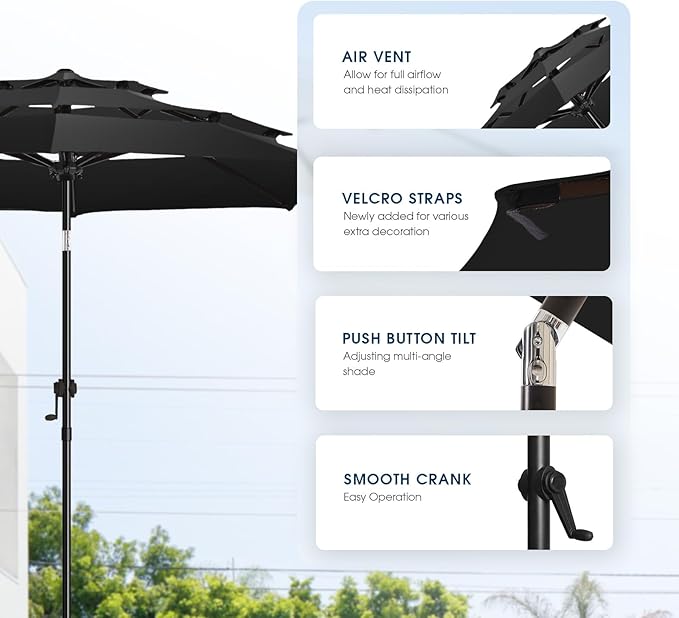 wikiwiki 9ft 3-Tier Patio Umbrella Outdoor Table Market Umbrella for Patio with Push Button Tilt/Crank, Fade Resistant Waterproof POLYESTER Canopy for Garden, Lawn, Deck, Backyard & Pool, Black