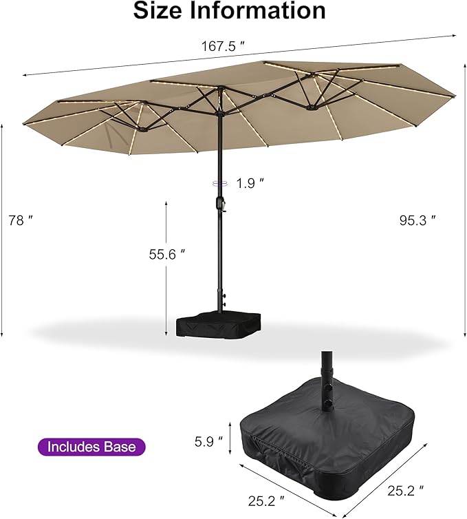 PURPLE LEAF 14ft Patio Market Umbrella with Solar LED and Base Double-Sided Rectangle Outdoor Table Sun Umbrellas with Crank for Pool Beach Deck Backyard Khaki