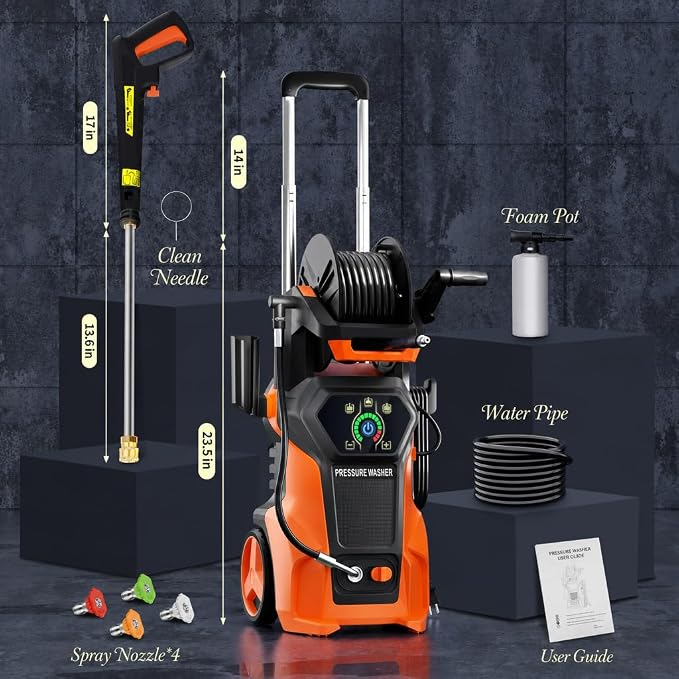 𝟓𝟎𝟎𝟎𝐏𝐒𝐈 𝐏𝐫𝐞𝐬𝐬𝐮𝐫𝐞 𝐖𝐚𝐬𝐡𝐞𝐫 Cleaner, Portable Car Washer with 4 Quick Connect Nozzles, Foam Cannon (Orange)