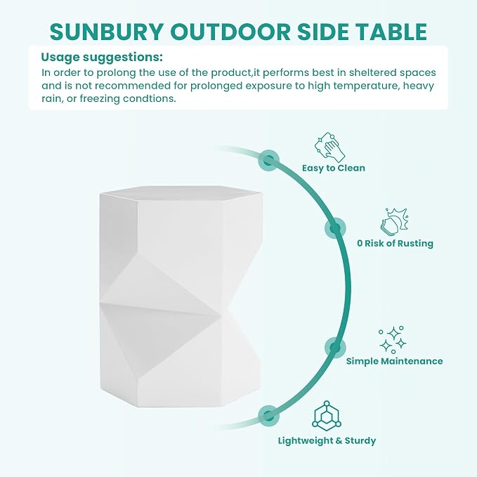 SUNBURY Outdoor Side Table, 18" Hexagon End Table Gloss Finish w Geometric Pedestal, Patio Concrete Accent Table Modular Design Decor, Lightweight Garden Stools for Balcony, Porch, Living Room, White