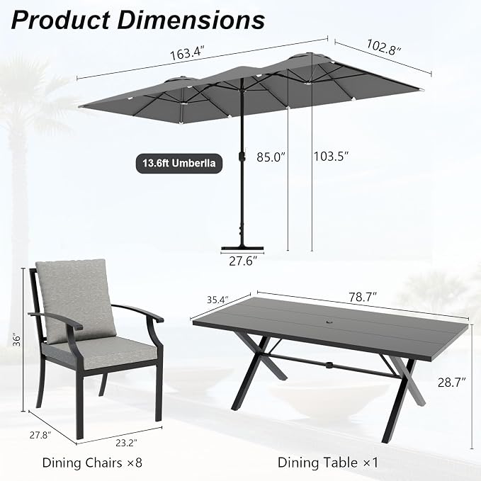 10 Pieces Patio Dining Set,Metal Outdoor Furniture Set Includes 13.6FT Grey Umbrella,Hole Cut-Out 78.7" x 35.4" Table and 8 Metal Backrest Chairs for Backyard,Garden,Grey