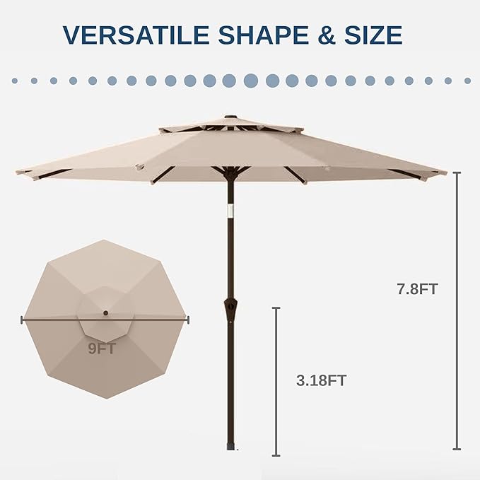 9FT Patio Umbrella 2-Tier Outdoor Market Table Umbrella with Push-Button Tilt & Crank | UPF 50+ & Waterproof for Backyard,Garden,Pool,Deck(Beige)