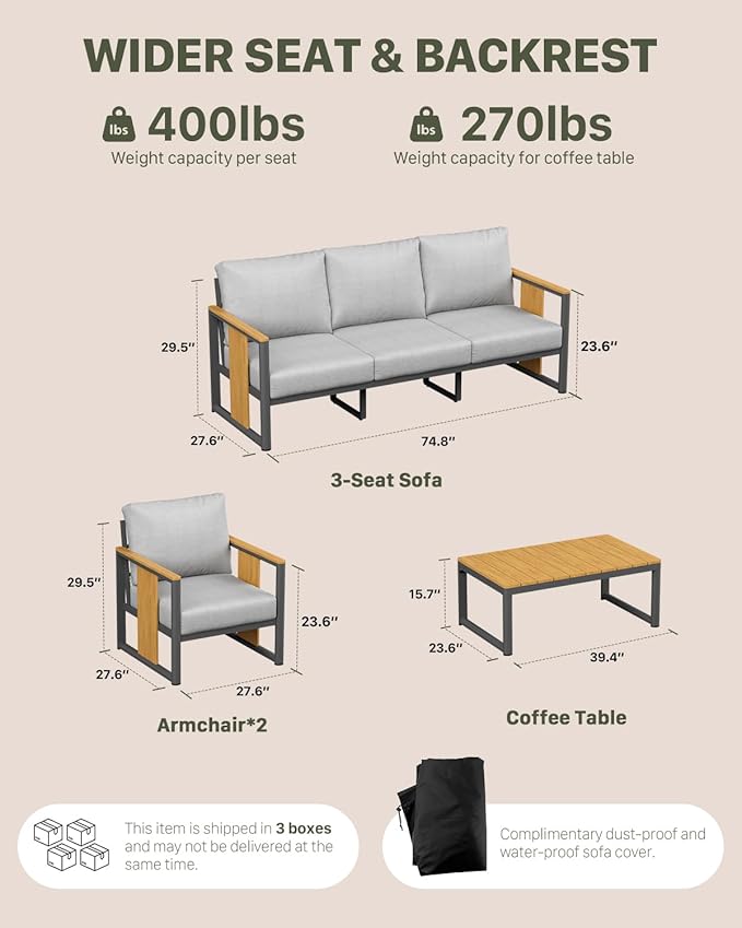 ZANDOR Outdoor Aluminum Patio Furniture Set 4 Piece Patio sectional Conversation Sets with Coffee Table and Chairs Lawn Outdoor Sofa with Washable Thick Cushions for Porch, Balcony, Deck, Backyard