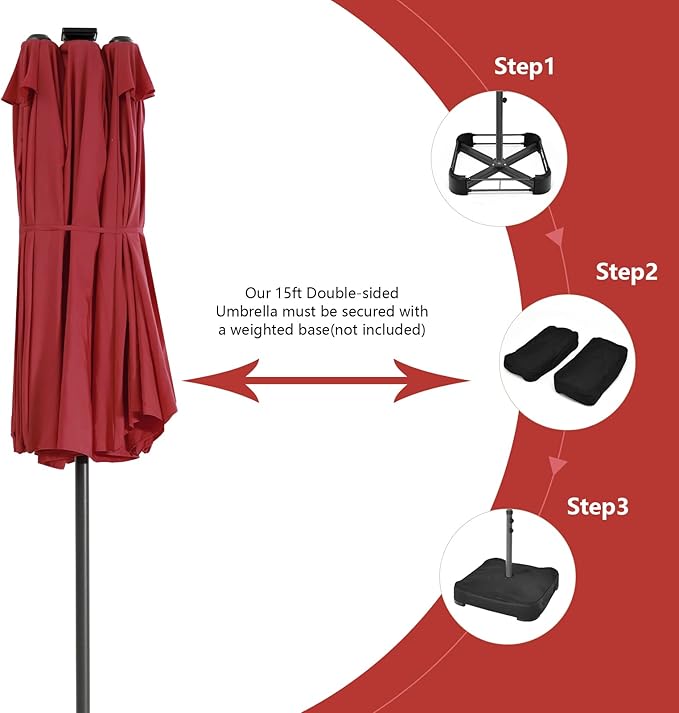 Tangkula 15 Ft Burgundy Twin Patio Umbrella with 48 LED Lights, Hand-Crank System for Poolside, Garden & Backyard Use