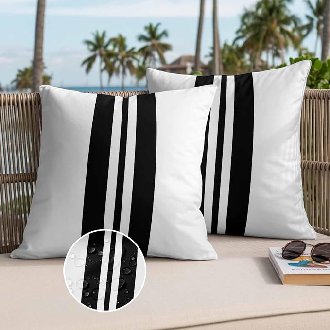 Black Stripes Outdoor Waterproof Throw Pillow Covers Set of 2, 24"x24", Festival Decorative Pillow Covers Outside Cushion Case for Patio Porch Garden
