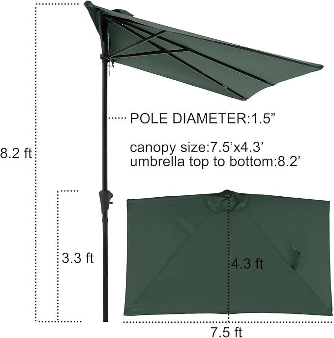 COBANA 7.5’by 4’Half Rectangular Outdoor Patio Umbrella for Patio, Balcony, Garden, Deck, Dark Green