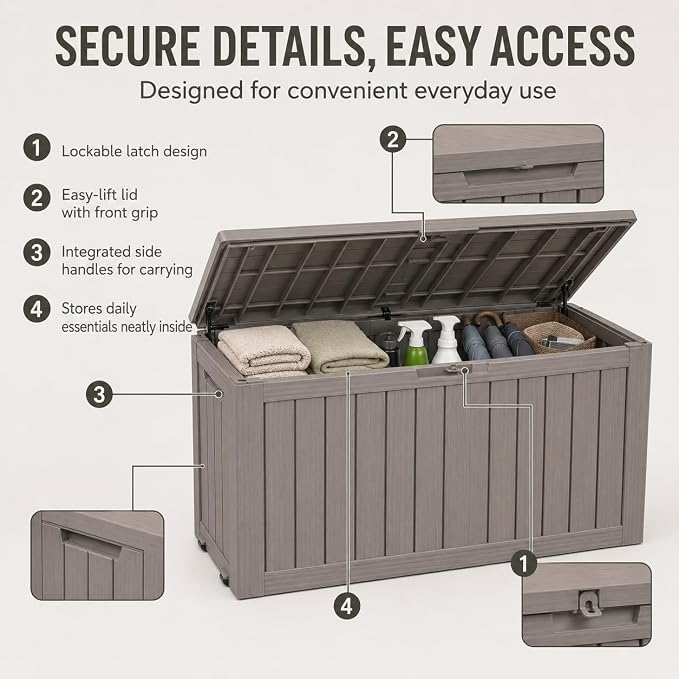Outdoor Deck Patio Storage Box - 80 Gallon Resin Outside Storage Bin with Lid for Patio Cushions, Garden Tools, Pool Accessories & Backyard Toy Storage, Brown