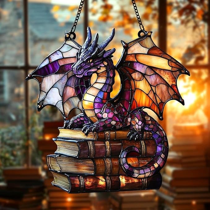 Book Dragon Bookish Acrylic Suncatcher, Boho Suncatchers for Window Hanging Ornament, Art Garden Decor for Book Lover Reader Bookworm, Gifts for Mother's Day, Mom, Grandma, Wife, Women, Nana