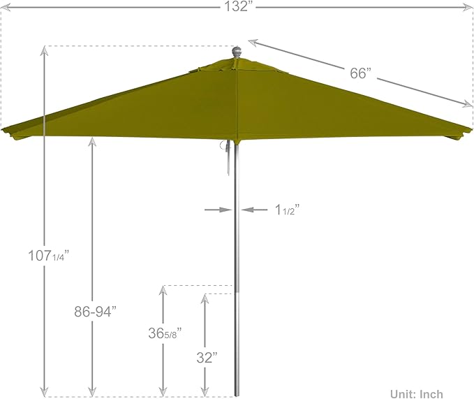 California Umbrella 11Ft Commercial Grade Market Umbrella, Pulley Lift, Aluminum/Fiberglass, 2mm pole wall, Silver Frame, Solution Dyed Kiwi Fabric