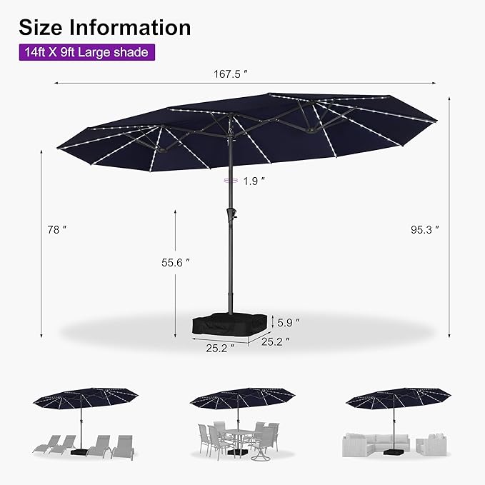 PURPLE LEAF 14ft Patio Umbrella with Solar Lights Outdoor Double-Sided Market Umbrella with Base Included Rectangle Table Umbrella for Pool Garden Backyard, Navy blue