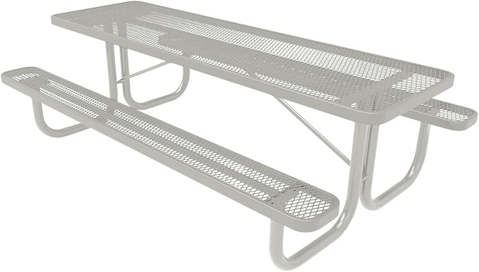 COATEDOUTDOORFURNITURE Heavy-Duty Portable Outdoor Picnic Table, Thermoplastic Coated Expanded Metal Commercial-Grade Patio Furniture Made in America (8ft Rectangular, Grey with Grey Frames)