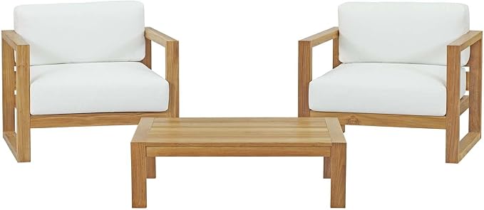 Modway Upland Teak Wood Outdoor Patio 3-Piece Sectional Sofa Set with Cushions in Natural White