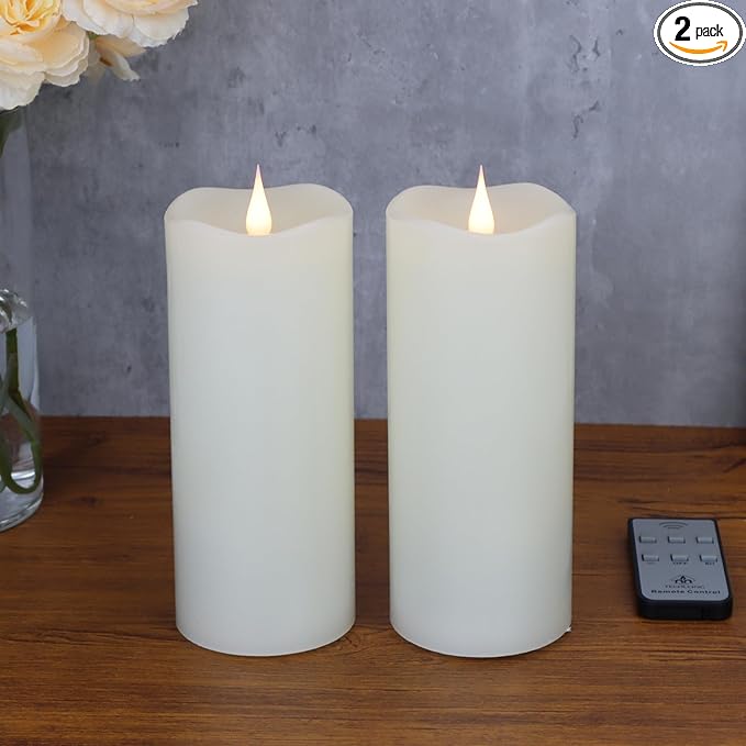 TECHLONG Flameless Candles with Remote Timer, 3D Moving Flickering Flame Battery Operated Candles Lasting 1000+ Hours, 3" x 7" Ivory Real Wax Electric LED Pillar Candles, Set of 2