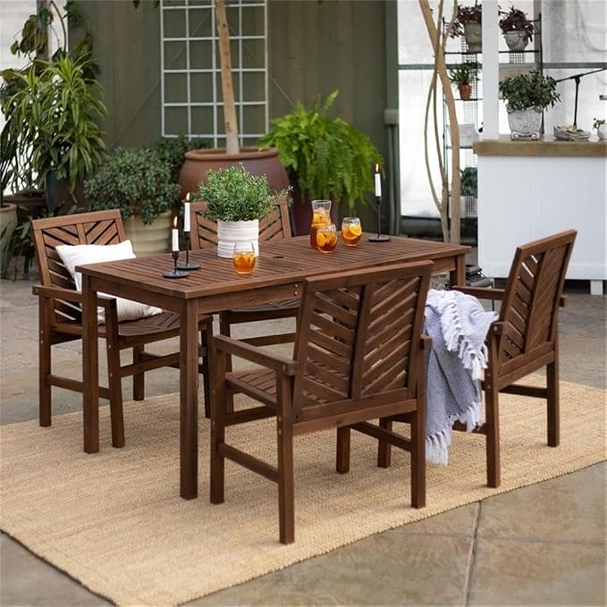 Walker Edison 4 Person Outdoor Wood Chevron Patio Furniture Dining Set Table Chairs All Weather Backyard Conversation Garden Poolside Balcony, 5 Piece, Dark Brown