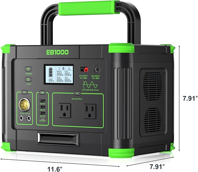 Portable Power Station 1000W, 999Wh Solar Powered Generator with 120V AC Outlet, PD 60W Fast Charging Backup Lithium Battery Pack Power Supply for Outdoor Home Camping Travel Emergency RV Van