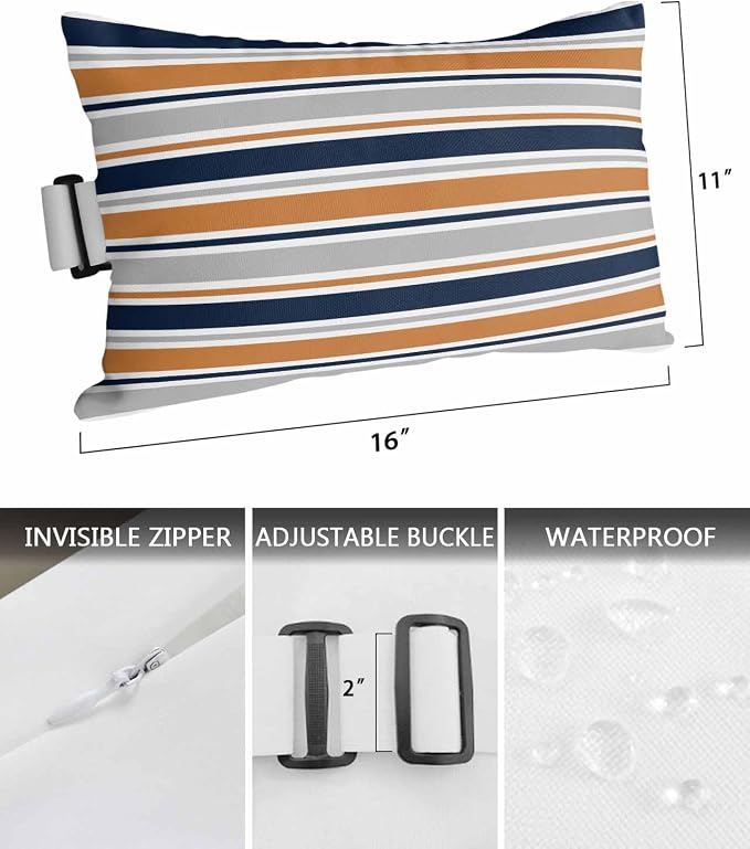 Pack of 4 Outdoor Lumbar Pillow Covers 11x16 Inch, Orange Grey Striped Waterproof Throw Pillow Covers Set, Farmhouse Stripes Modern Abstract Art Outside Decorative Cushion Cases for Patio Porch Car