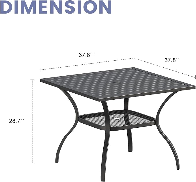 VICLLAX Outdoor Patio Dining Table for 4, Square Patio Table with Umbrella Hole for Patio Lawn Deck Backyard, Black Tabletop