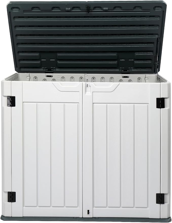 Upgraded 260 Gallon Outdoor Storage Box, Lockable HDPE Storage Containers with Lid, Wooden Grain Surface Deck Box Patio Furniture for Garden, Pool, Balcony, Yard
