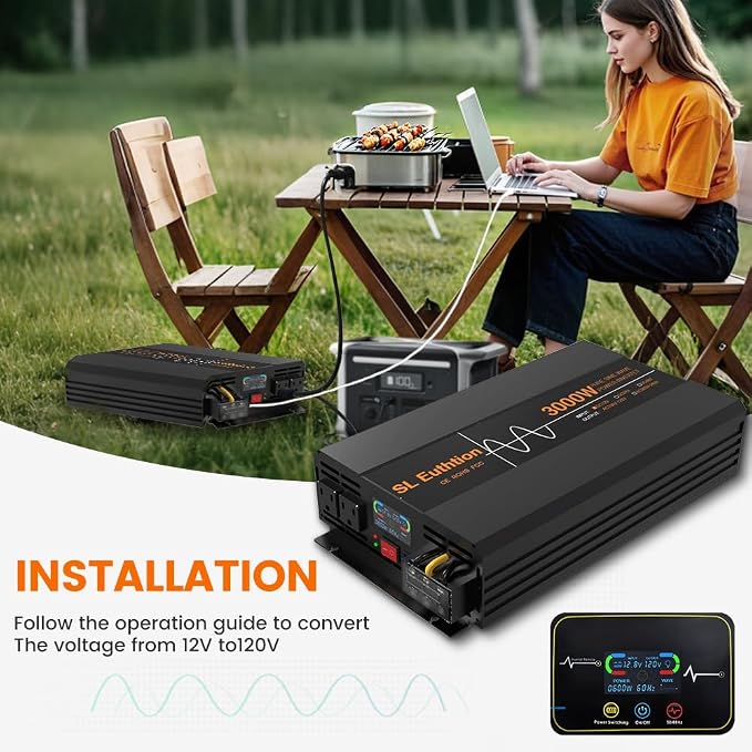 3000W/6000W(Peak) Pure Sine Wave Car Power Inverter 12V DC to 120V AC 60HZ with LCD Display, USB Port, Wireless Remote Control（10M) for Car Home Laptop Truck